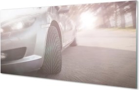 Panel szklany do Kuchni Srebrny Samochód na Miejskiej Ulicy