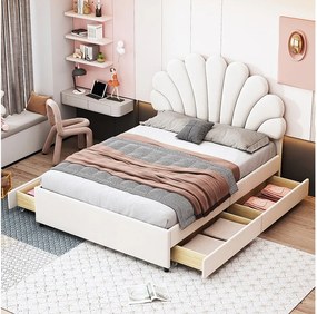 Łóżko dla dorosłych 140x200 cm - aksamit beżowy - z tapicerowanym zagłówkiem i stelażem z listew - 4 szuflady - bez materaca