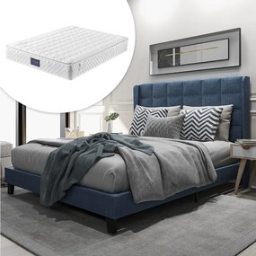 Łóżko tapicerowane z wezgłowiem - 140 x 200 cm - tkanina lniana - boxspring + materac - niebieskie