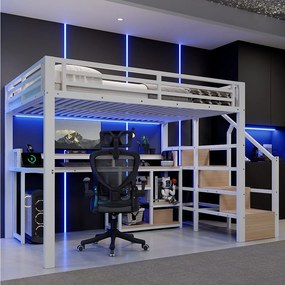 Metalowe łóżko piętrowe 140 x 200 cm z półkami, oświetleniem LED i portami USB i typu C – metal + płyta MDF – białe (materac nie jest dołączony)
