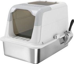 PawHut Toaleta dla kotów, kocie WC z pokrywą, łopatka do żwiru, wejście z przodu i wyjście na górze, stal nierdzewna do 15 kg