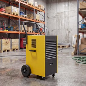 DURHAND Przemysłowy osuszacz powietrza 70L/dzień z kołami i uchwytem, wężem odpływowym, timerem 24-godzinnym, zbiornikiem 5,5L, żółty | Aosom PL
