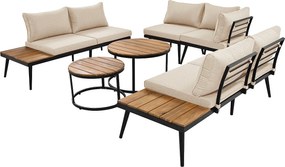 Modułowy salon ogrodowy z żelaza ocynkowanego i drewna akacjowego - 6 osób - 2 stoły w stylu gniazdowym - Beżowy
