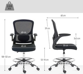 HOMCOM Krzesło do rysowania z podparciem lędźwiowym, regulacją wysokości, obrotowe, do home office, studia, projektów artystycznych, czarne