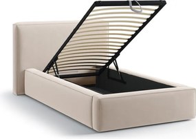 Beżowe tapicerowane łóżko jednoosobowe ze schowkiem ze stelażem 90x200 cm Jodie – Micadoni