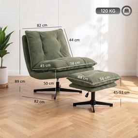 HOMCOM Fotel lounge z podnóżkiem, 360° obrotowy, tapicerka cord, regulowany podnóżek, Grün | Aosom PL