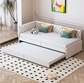 Sofa rozkładana 90x200 cm z dostawką – Beżowa tapicerka welurowa – Wielofunkcyjna konstrukcja – Stabilna rama z listwowym stelażem