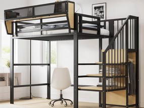 Łóżko antresola 90×200 cm - z drabinką - modułowe schowki - metalowe - czarne (bez materaca)