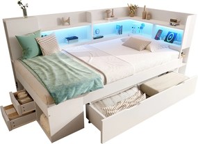 Rozkładana sofa 90x200cm - z LED - z USB/Type-C - z przegródkami do przechowywania i szufladami - biały​ (materac nie jest wliczony w cenę)
