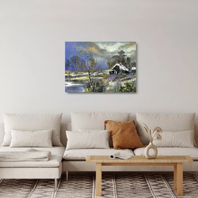 Obraz na szkle chaty w zimowym krajobrazie, obraz olejny (70x50 cm)