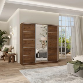 Szafa Przesuwna PINA 200 cm z Lustrem Szafa Trzydrzwiowa z Szufladami Dąb Lefkas / Srebrne Profile