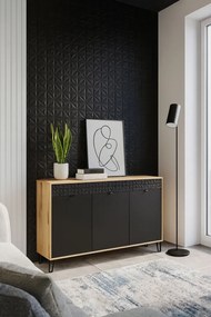 Komoda trzydrzwiowa na nóżkach dąb evok + czarny P7-M65