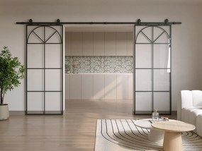 Podwójne drzwi przesuwne z systemem naściennym w stylu art deco - aluminium i szkło hartowane - 2 x wys. 204 x szer. 83 cm - Czarne - VIGELO