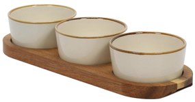 Zestaw porcelanowych miseczek do serwowania, akacjowa podstawka