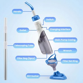 Outsunny Odkurzacz basenowy, bezprzewodowy, z regulowanym drążkiem 63-150 cm i szczotkami, do małych basenów, jacuzzi i stawów | Aosom PL