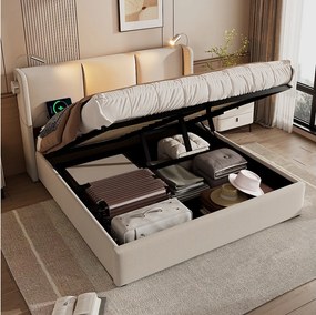 140x200 cm Łóżko z pojemnikiem - Łóżko dla dorosłych z lampką do czytania i funkcją ładowania USB - Beżowy len - bez materaca