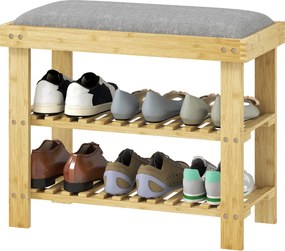 HOMCOM Ławka na buty z siedziskiem, bambusowa ławka z miejscem na obuwie, 2 otwarte półki, 60 x 29 x 49 cm, szara | Aosom PL
