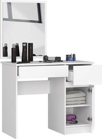 Toaletka AKORD P2 Biała 90 cm z lustrem 500x600 prawa 1 drzwi 2 szuflady kolor Biały mat 2 półki 90x50x142 cm