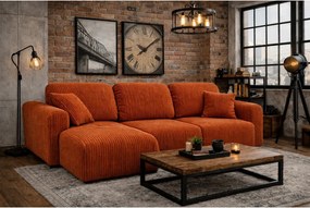 Narożnik w kształcie L z funkcją spania i pojemnikiem Bingo L, tkanina sztruksowa Poso, Miedziany, Lewy