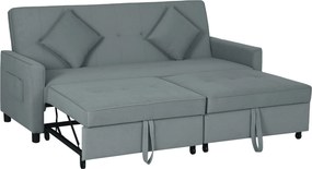 HOMCOM Sofa rozkładana, regulowana 3-osobowa kanapa z funkcją spania, wysuwane łóżko, poduszki, szara
