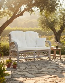 2-osobowa szara sofa rattanowa z lnianą tapicerką T1-E67