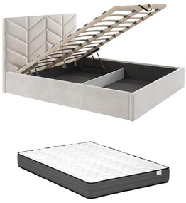 Łóżko ze skrzynią 200 x 200 cm - Tkanina teksturowana - Kremowe + Materac - JUSTANI