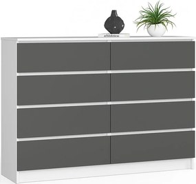 Komoda AKORD K140 Biała 138 cm 8 szuflad kolor Grafit Szary mat 138x40x99 cm