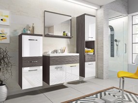 Nowoczesne meble łazienkowe, wiszący zestaw z umywalką, lustrem i słupkami, korpus bodega mat / fronty biały połysk