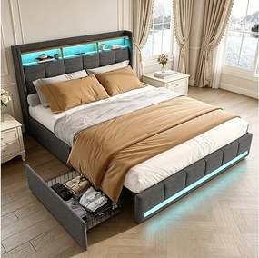 Nowoczesne Szare Łóżko Dwuosobowe z Pojemną Szafą-180x200cm-LED RGB, Porty USB-Oświetlenie Inteligentne-Tkanina Oddychająca