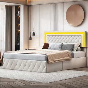 Łóżko z pojemnikiem welurowe 140x200 cm - z oświetleniem LED i stelażem - Łóżko podwójne z pojemnikiem - beżowe