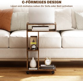 HOMCOM Stolik boczny, wózek serwisowy w kształcie C, 4 kółka, 3 przegródki, 40 x 30 x 69 cm, Rustykalny-brąz