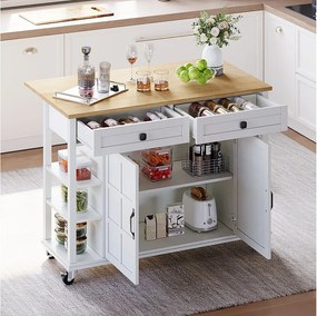 Wózek kuchenny ze składanym drewnianym blatem, 2 drzwiami i 2 szufladami – biały