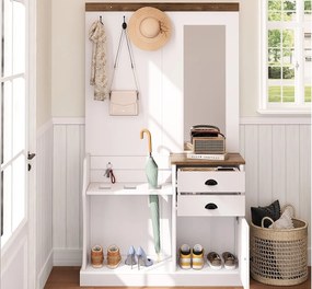 Zestaw wieszakowy do przedpokoju 110.5x38x191 cm - z lustrem i hakami - 2 szuflady i 1 drzwi - z wieszakiem na parasole - Biały