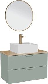 Wisząca szafka łazienkowa z umywalką wpuszczaną w blat kwadratową, baterią i lustrem – Szałwiowa zieleń – S80 cm – AVORELI