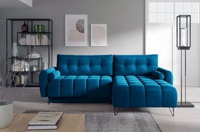 Narożnik tapicerowany LAVRE 245x176 cm granatowy z funkcją spania z pojemnikiem nowoczesny pikowany