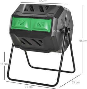 Outsunny Pojemnik na Kompost z 2 Przegrodami Obrotowy 160L Zielony Czarny 71x65x96cm | Aosom PL
