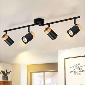 NETTLIFE Lampa sufitowa 4 drewniane plamki GU10 czarna regulowana 330° do salonu sypialni kuchni pokoju dziecięcego bez żarówki
