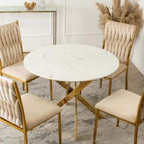 Stół Okrągły Szklany BALI 100 cm Biały Marmur/Złoty Glamour