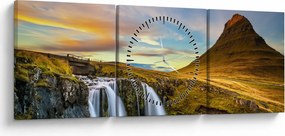 Zdjęcie góry i wodospadów na Islandii (z zegarem) (90x30 cm)