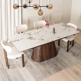 Stół Rozkładany Prostokątny LIZBONA 160-200 cm Ceramiczny Biały Marmur/Orzech Japandi