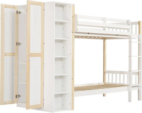 Łóżko piętrowe 90x200 cm - z szafą i 6 otwartymi półkami - Drewno lite + MDF - Białe+Naturalny (bez materaca)