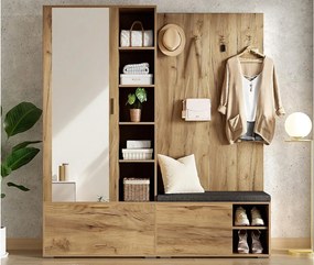 Zestaw szafy na ubrania 160x38x180cm - z 3 drzwiami i przegródkami do przechowywania - z lustrem i szafą na buty - z haczykiem - Naturalny