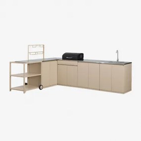 Kuchnia Modułowa Narożna Zewnętrzna 6-częściowa Z Zlewem, Schowkiem I Grillem Węglowym Ze Stali Rivana Kremowa Tapioca - Sklum