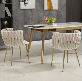 Krzesło do jadalni z aksamitu, plecione oparcie w kształcie półkola, złote metalowe nogi – kość słoniowa