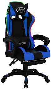 Czarno-niebieski fotel gamingowy z podnóżkiem i diodami LED T2-C28