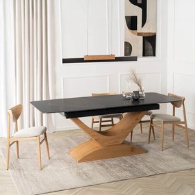 Stół Rozkładany Prostokątny ALICANTE 160-200 cm Ceramiczny Czarny/Dąb do Jadalni Nowoczesny
