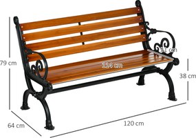 Outsunny Ławka dla 2 osób, dekoracyjne podłokietniki, do ogrodu i na taras, Odlewane aluminium+Naturalne drewno, 120 x 64 x 79 cm, Teak