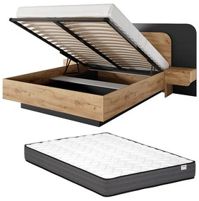 Łóżko ze skrzynią i szafkami nocnymi 160 x 200 cm - Z oświetleniem LED - Naturalny i antracytowy + Materac - DESADO