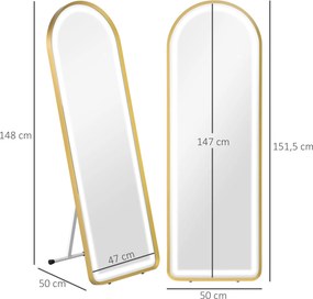 HOMCOM Lustrzane Lustro Pełnowymiarowe z Oświetleniem LED Złote Dotykowy Przełącznik do Salonu i Sypialni | Aosom PL