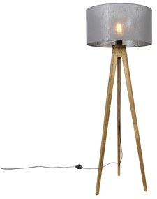 Rustykalna lampa stojąca na trójnogu z drewnianą podstawą i ciemnoszarym kloszem 50 cm - Tripod Classic Rustykalny / Vintage Oswietlenie wewnetrzne
